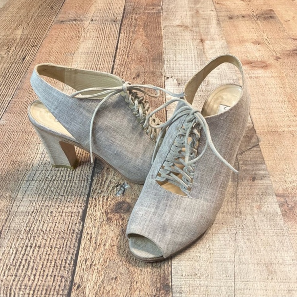 Via Spiga Womens 8.5 B Beige Linen Lace Up Peep Toe Slingback Heels‎ Italy